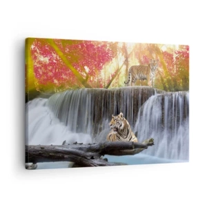 Schilderen op canvas - Tijgers bij een waterval in het herfstbos - 70x50cm - Surrealistisch landschap - Moderne wanddecoratie voor woonkamer en slaapkamer ARTTOR