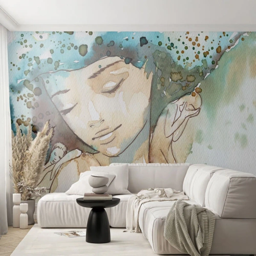 Zelfklevend Fotobehang Deluxe Sticker - Dame in het blauw - Abstractie, Vrouw, Het gezicht van de vrouw - 150x105 cm