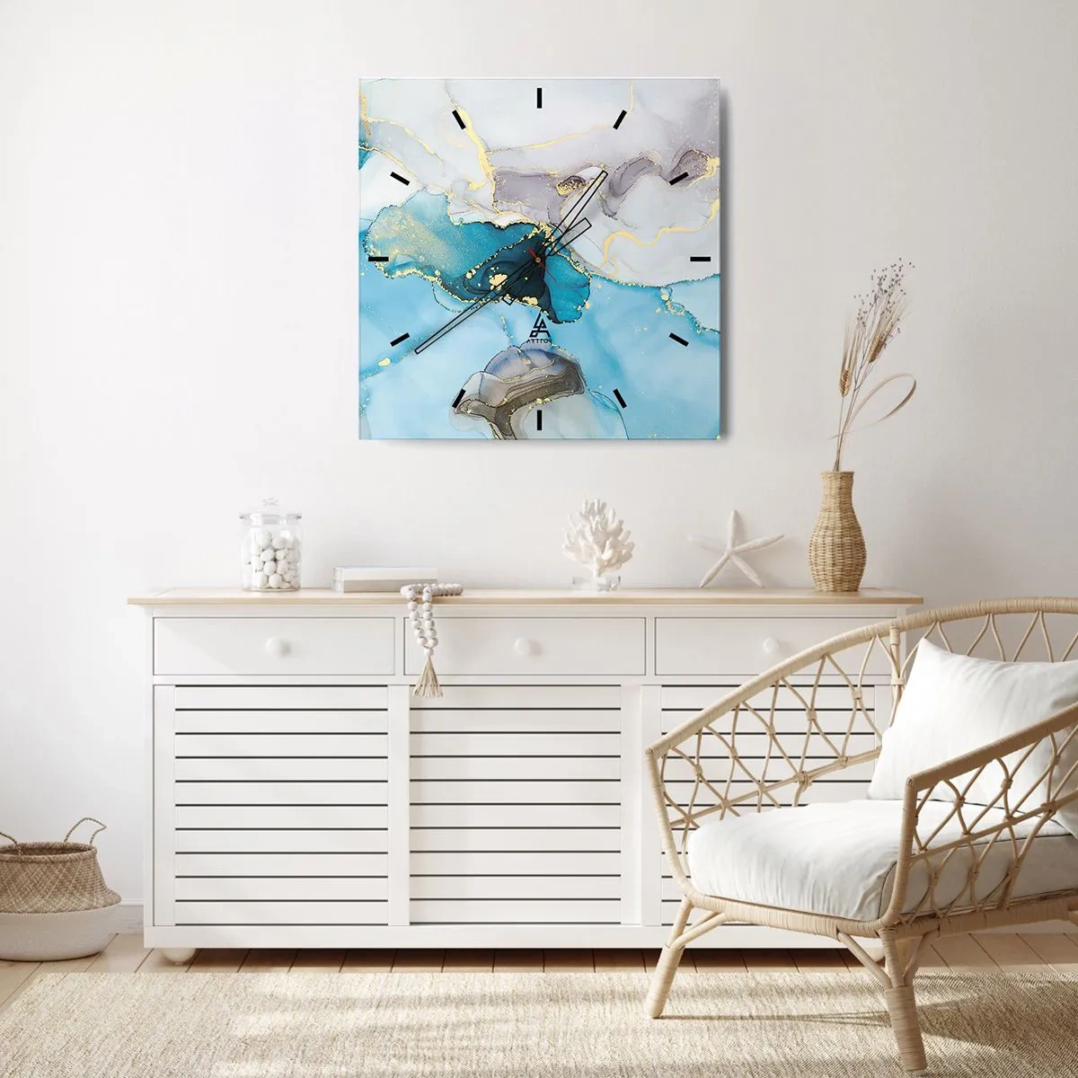 Wandklok - Klok - Een studie van de ontmoeting van grijs en turkoois - 30x30 cm
