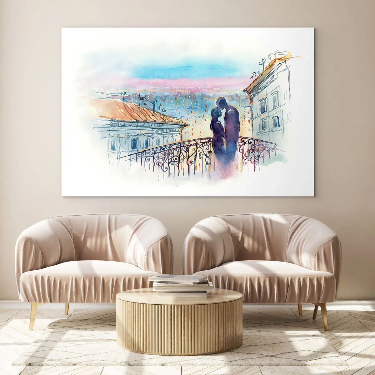 Schilderen op glas - Koppel op balkon geniet van romantische zonsondergang - 70x50cm - Parijs liefhebbers - Moderne wanddecoratie voor woonkamer en slaapkamer ARTTOR