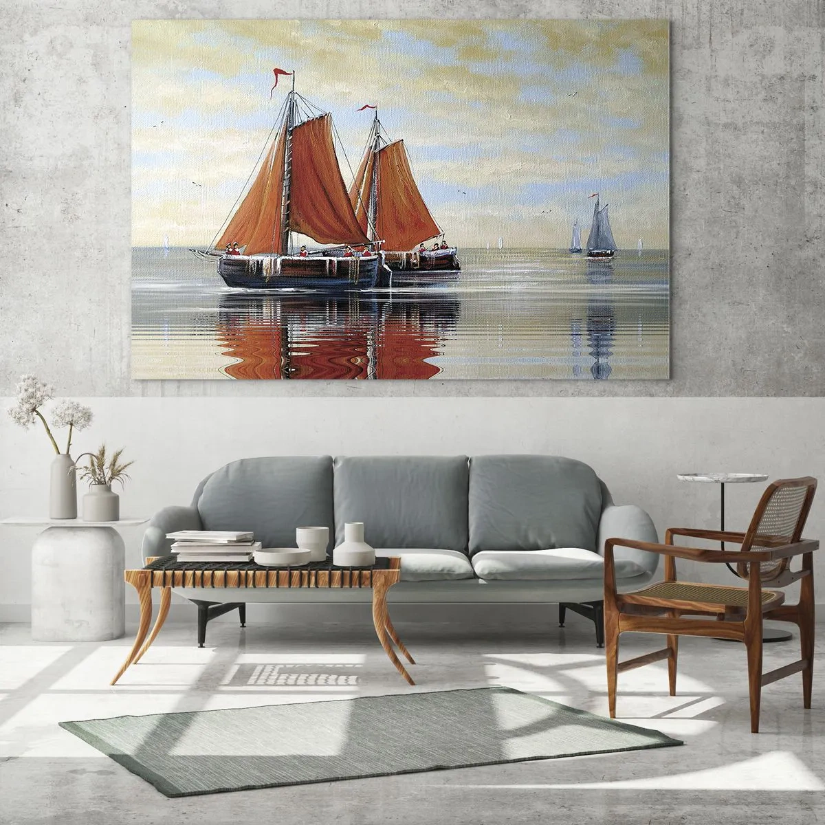 Schilderen op glas - Zeilschepen op een kalme zee bij zonsondergang - 70x50cm - Hé, zeil, matroos... - Moderne wanddecoratie voor woonkamer en slaapkamer ARTTOR