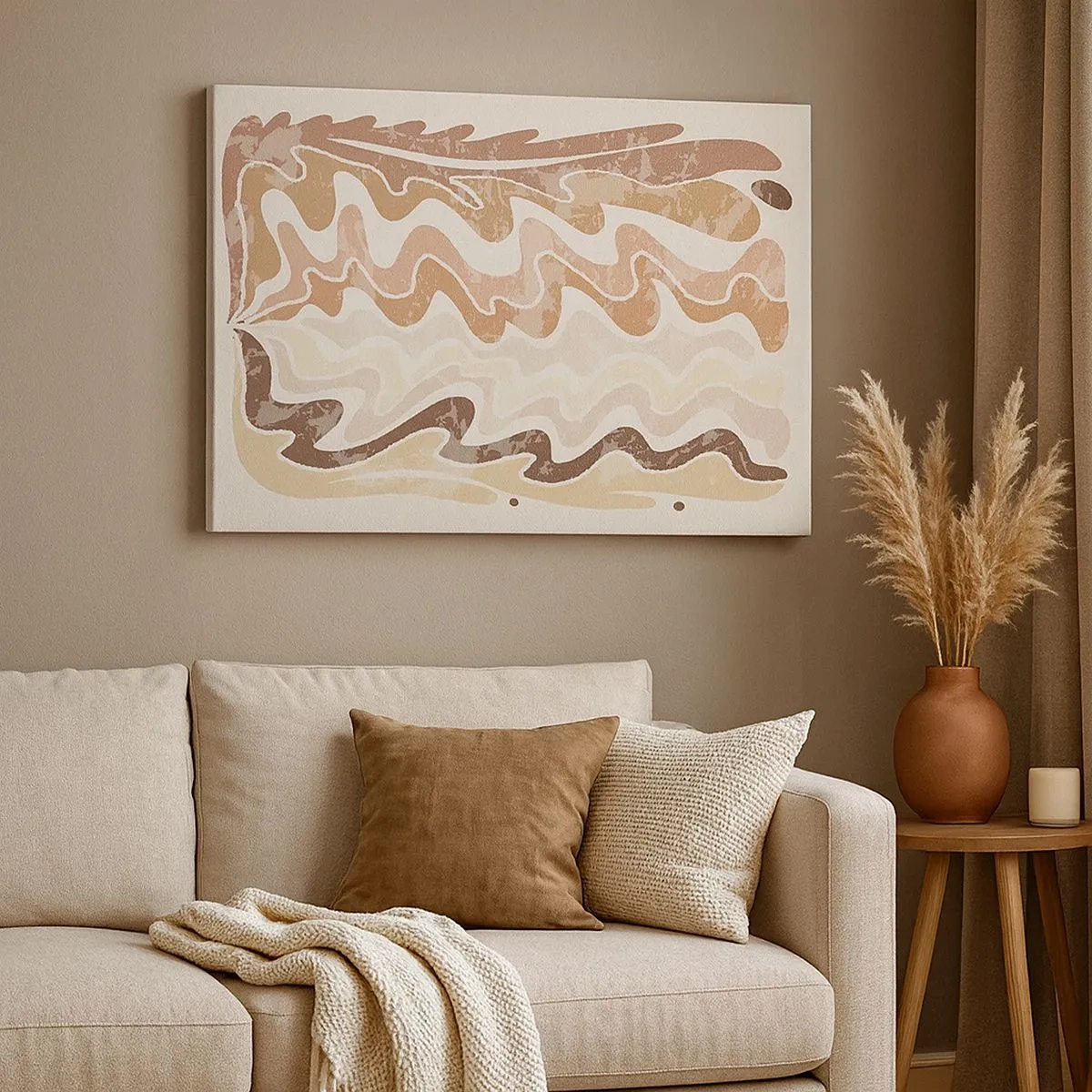 Schilderen op canvas - Golvende abstracte lijnen in beige tinten - 70x50cm - Goede energie – goede emoties - Moderne wanddecoratie voor woonkamer en slaapkamer ARTTOR