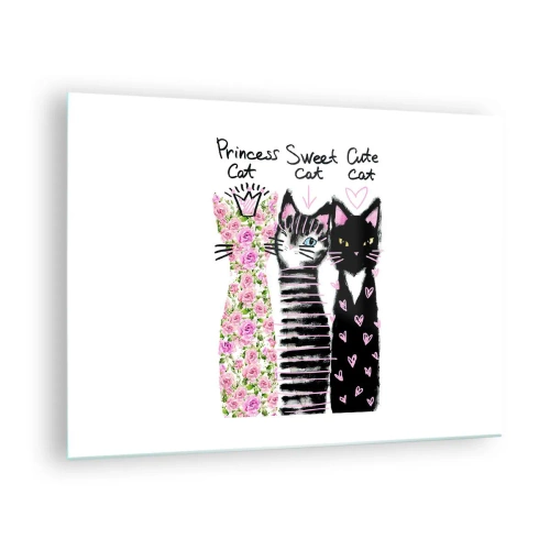 Schilderen op glas - Drie schattige katten in een artistieke stijl met inscripties op een witte achtergrond - 70x50cm - Er waren drie katten - Moderne wanddecoratie voor woonkamer en slaapkamer ARTTOR