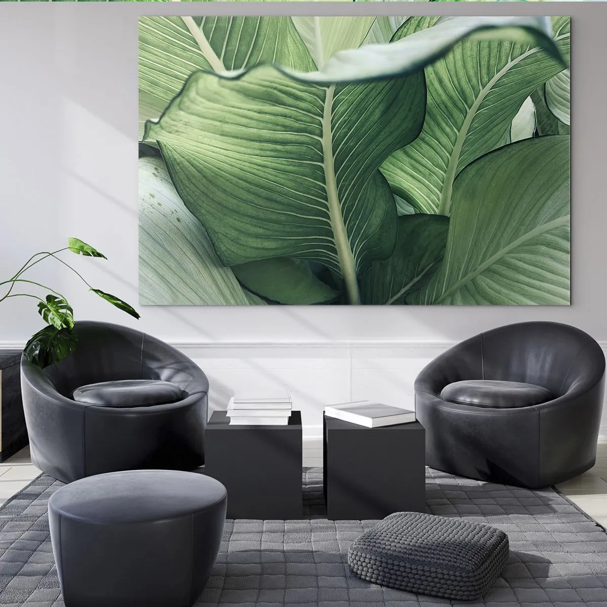 Schilderen op glas - Weelderige groene bladeren van dichtbij en in natuurlijk licht - 70x50cm - Intens groen leven - Moderne wanddecoratie voor woonkamer en slaapkamer ARTTOR