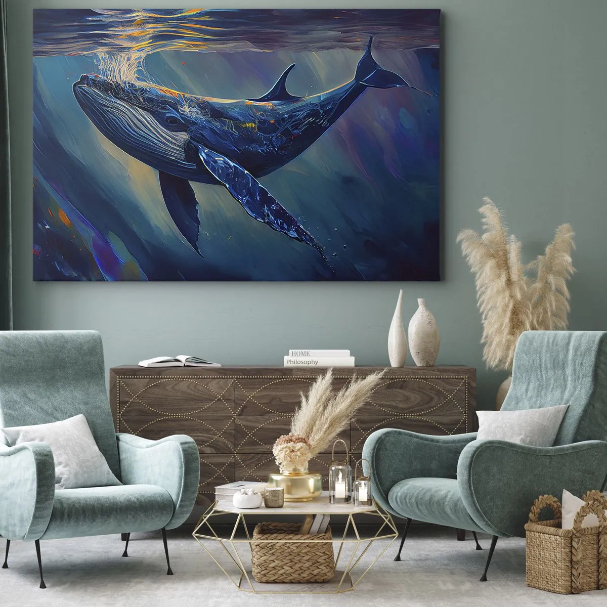 Schilderen op canvas - Een walvis in de diepten van de oceaan in heldere kleuren - 70x50cm - Welkom in mijn wereld - Moderne wanddecoratie voor woonkamer en slaapkamer ARTTOR