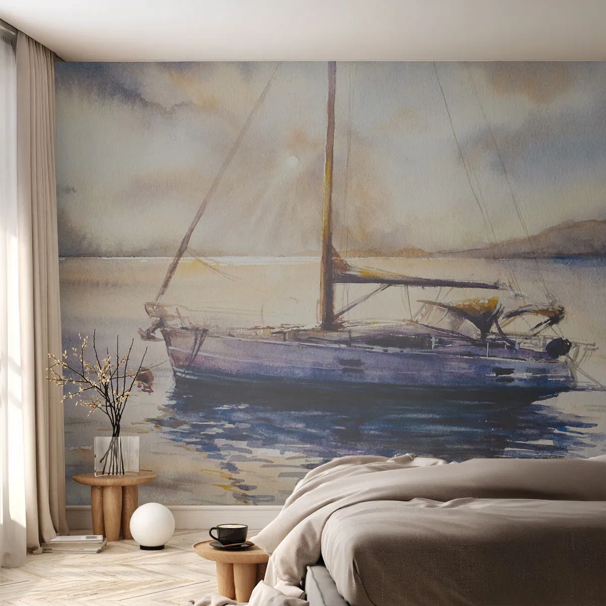 Fotobehang Standard Eco - Avond aan de baai - Zeilboot, Vissen, Kust - 150x105 cm