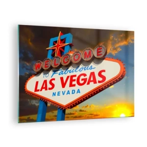 Schilderen op glas - Welkomstbord van Las Vegas tegen de ondergaande zon - 70x50cm - Voor een glimlach van het lot - Moderne wanddecoratie voor woonkamer en slaapkamer ARTTOR