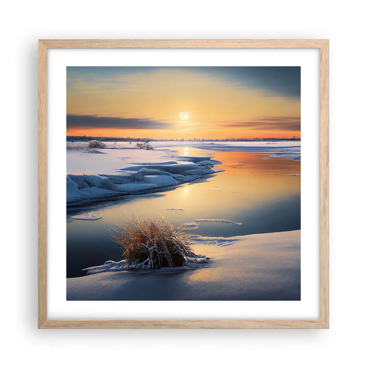 Een poster in een licht eiken lijst - Winterse zonsondergang - 50x50 cm