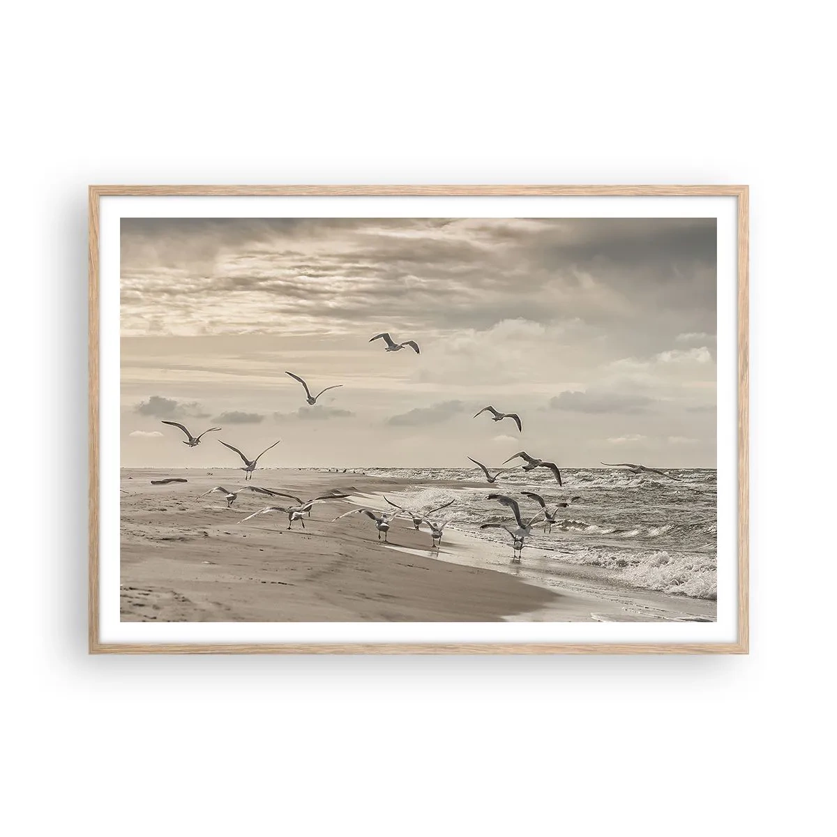 Een poster in een licht eiken lijst - Het geluid van de zee, het zingen van vogels - 100x70 cm