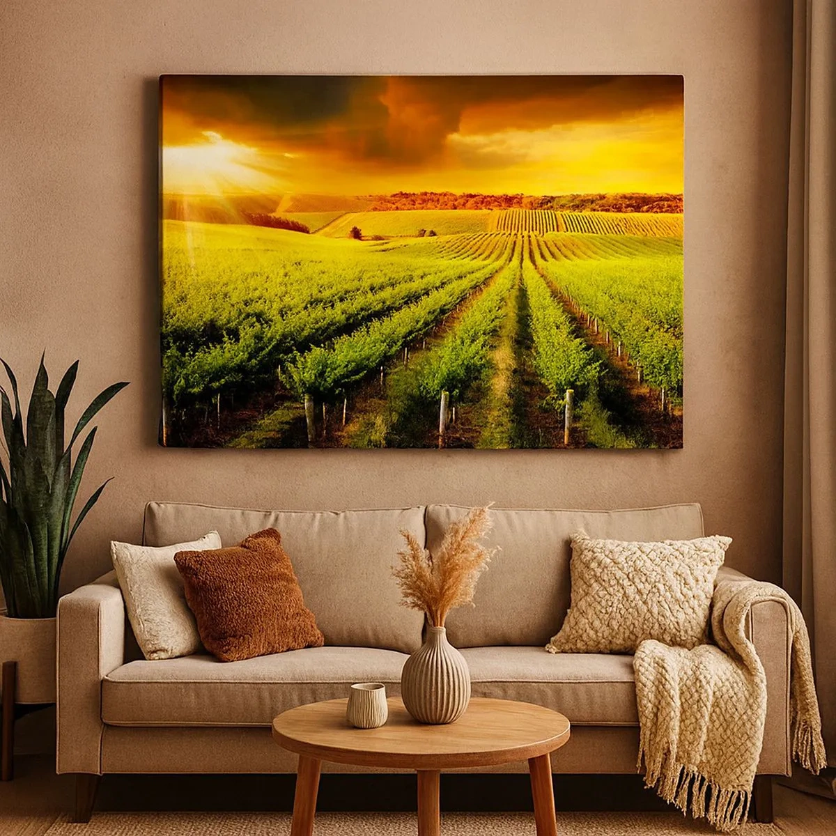 Schilderen op canvas - Gouden wijngaarden verlicht door de zonnestralen - 70x50cm - Onder de Australische zon - Moderne wanddecoratie voor woonkamer en slaapkamer ARTTOR