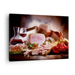 Schilderen op canvas - Vleeswaren met wijn op een rustieke achtergrond - 70x50cm - Een culinaire droom met een karaf - Moderne wanddecoratie voor woonkamer en slaapkamer ARTTOR