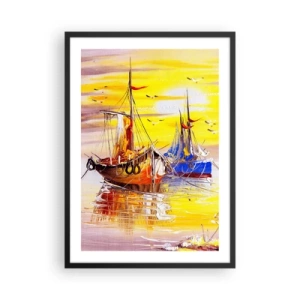 Poster in een zwarte lijst - Kleurrijke zeilboten bij zonsondergang - 50x70cm - Een welverdiende rust in de haven - Moderne wanddecoratie voor woonkamer en slaapkamer ARTTOR