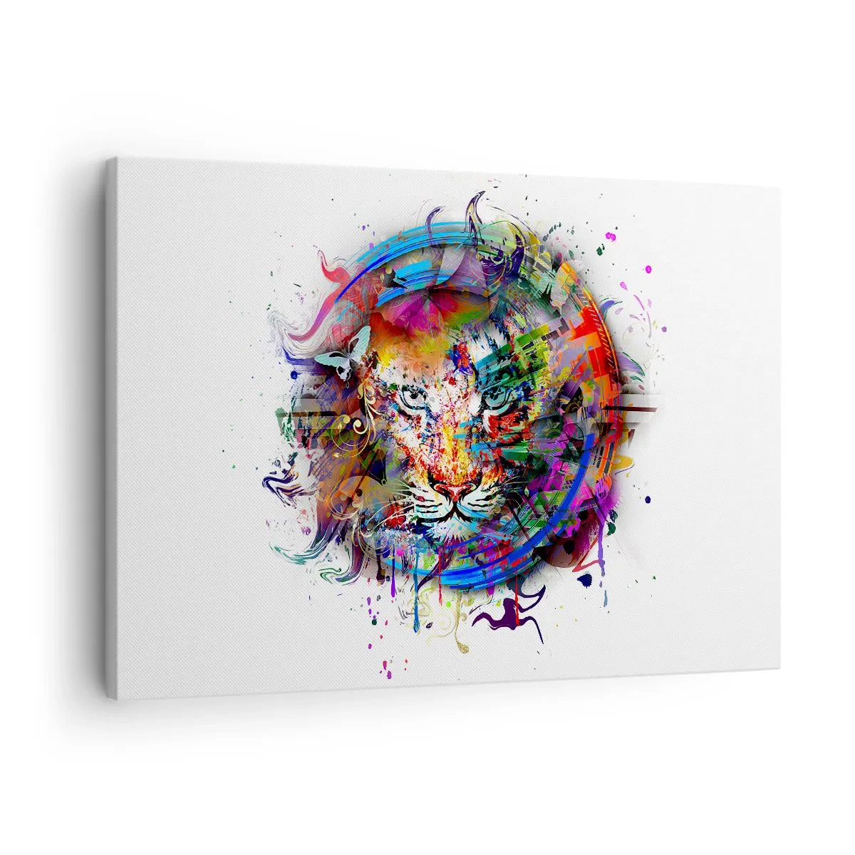 Schilderen op canvas - Kleurrijk portret van een leeuw in abstracte stijl - 70x50cm - Het schuilt achter een regenboogsluier - Moderne wanddecoratie voor woonkamer en slaapkamer ARTTOR