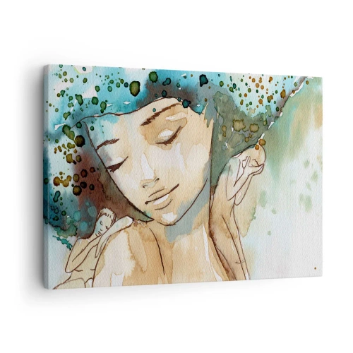 Schilderen op canvas - Portret van een vrouw in delicate aquarelkleuren - 70x50cm - Dame in het blauw - Moderne wanddecoratie voor woonkamer en slaapkamer ARTTOR