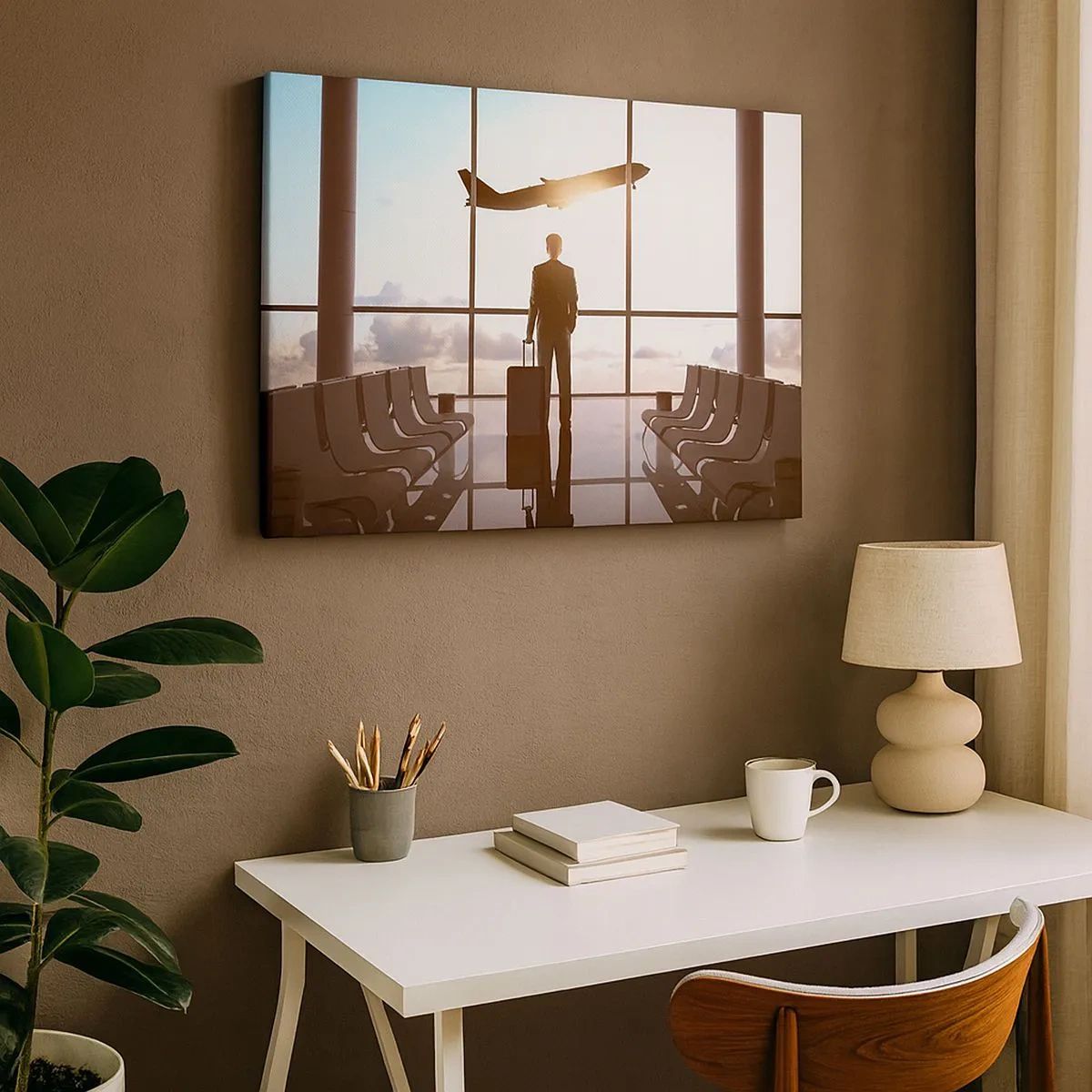 Schilderen op canvas - Zakenman op de luchthaven met een vliegtuig op de achtergrond - 70x50cm - Je hebt tijd, doe het rustig aan - Moderne wanddecoratie voor woonkamer en slaapkamer ARTTOR