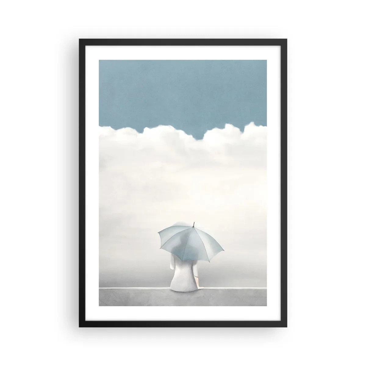 Poster in een zwarte lijst - Een figuur met een paraplu zittend op een richel tussen de wolken - 50x70cm - Op de rand van realiteit en dromen - Moderne wanddecoratie voor woonkamer en slaapkamer ARTTOR