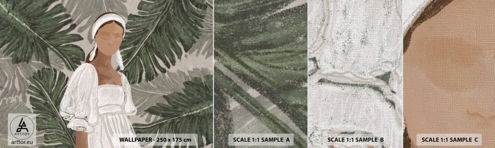 Fotobehang Monster Premium Canvas - Exotisch portret - Boho, Vrouw, Bladeren - 100x30 cm