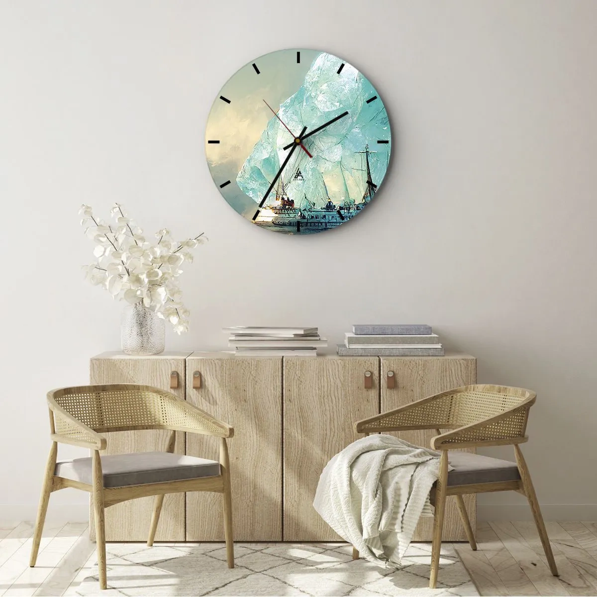 Wandklok - Klok - Een schip tussen blauwe ijsbergen tegen de lucht - 30x30cm - Arctische diamant - Moderne wanddecoratie voor woonkamer, keuken en slaapkamer ARTTOR