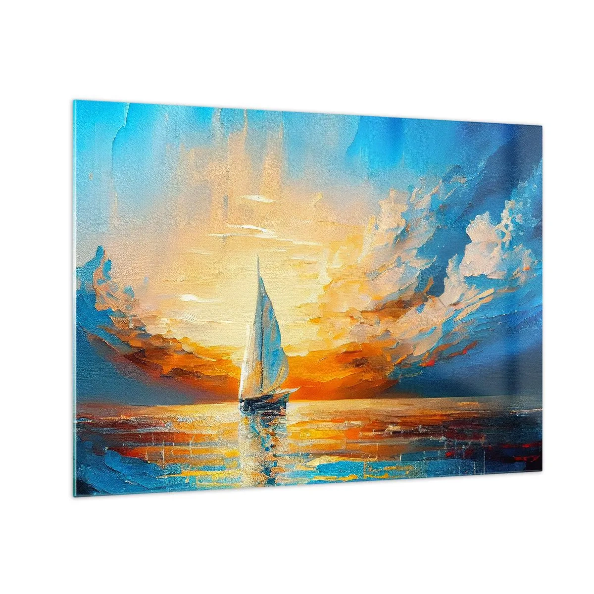 Schilderen op glas - Een zeilboot op zee in het licht van de ondergaande zon - 70x50cm - Zeilen in goud - Moderne wanddecoratie voor woonkamer en slaapkamer ARTTOR