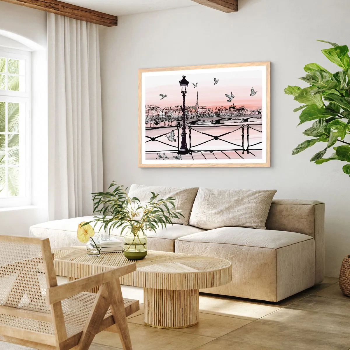 Een poster in een licht eiken lijst - Over de daken van Parijs - 100x70 cm