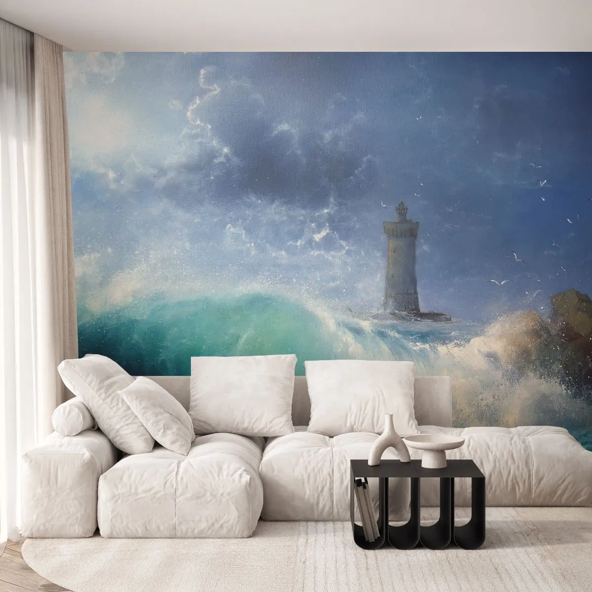 Fotobehang Standard Eco - Op uw hoede voor de elementen - Landschap, Vuurtoren, Storm - 500x350 cm