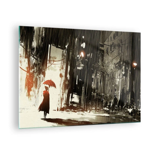 Schilderen op glas - Een persoon met een rode paraplu in de regen tegen een donkere stadsachtergrond. - 70x50cm - De poëzie van de rode paraplu - Moderne wanddecoratie voor woonkamer en slaapkamer ARTTOR