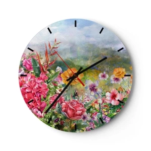 Wandklok - Klok - Een kleurrijke tuin vol bloemen tegen de achtergrond van een landschap - 30x30cm - Een tuin die gek is geworden - Moderne wanddecoratie voor woonkamer, keuken en slaapkamer ARTTOR