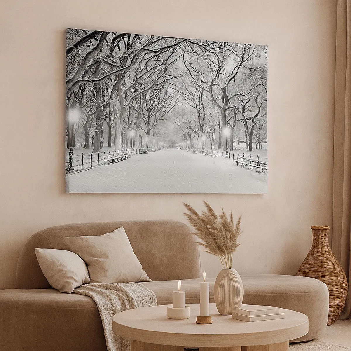 Schilderen op canvas - Een wintersteegje met besneeuwde bomen in monochrome kleuren - 70x50cm - Vier seizoenen - winter - Moderne wanddecoratie voor woonkamer en slaapkamer ARTTOR