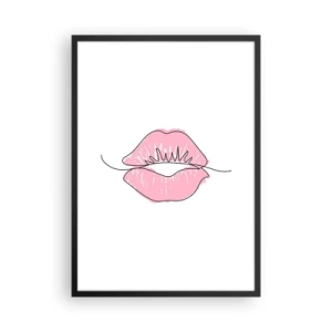 Poster in een zwarte lijst - Minimalistische illustratie van roze lippen op een witte achtergrond - 50x70cm - Klaar om te kussen? - Moderne wanddecoratie voor woonkamer en slaapkamer ARTTOR