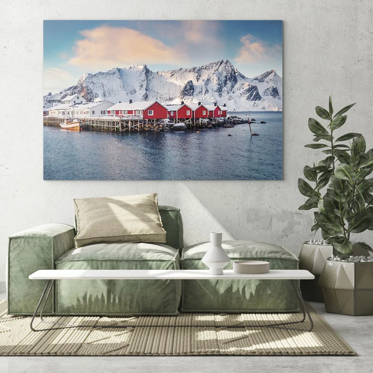 Schilderen op glas - Rode vissershuisjes aan het fjord met bergen op de achtergrond - 70x50cm - Noordelijke retraite - Moderne wanddecoratie voor woonkamer en slaapkamer ARTTOR