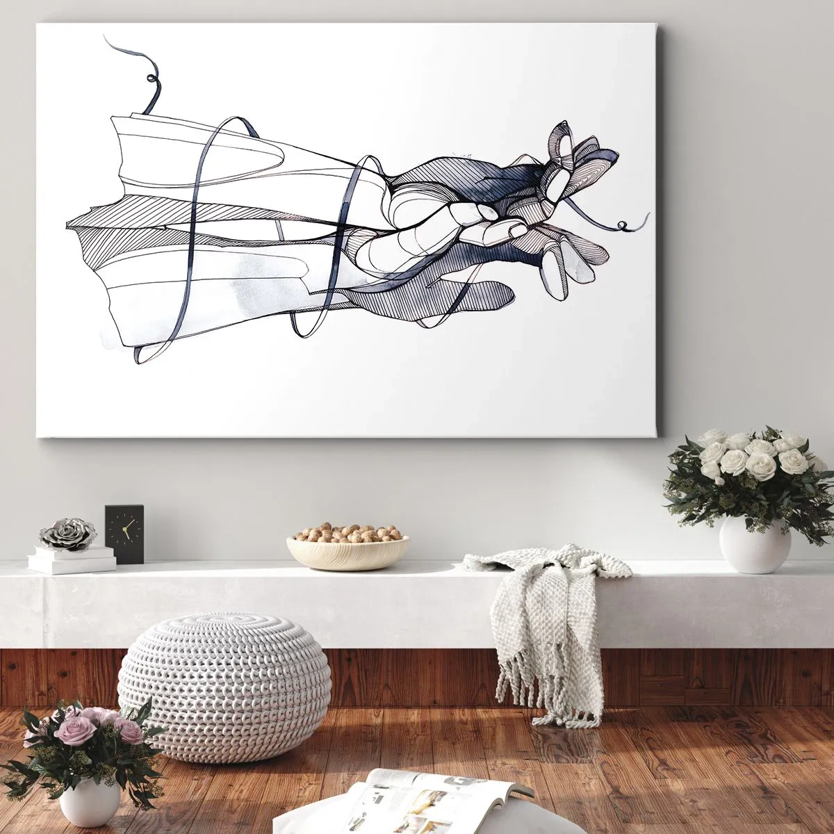 Schilderen op canvas - Een subtiele tekening van een hand met een tere bloem - 70x50cm - Touch-studie - Moderne wanddecoratie voor woonkamer en slaapkamer ARTTOR