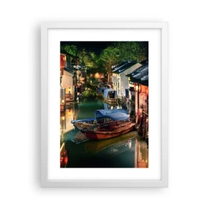 Poster in een witte lijst - Een avond op een Chinese straat - 30x40 cm