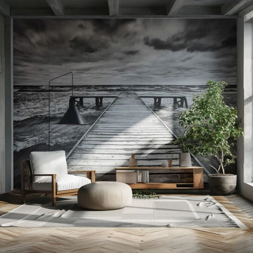 Fotobehang Premium Sand - Ik wacht tot de wind wegjaagt... - Landschap, Houten brug, Zee - 100x70 cm
