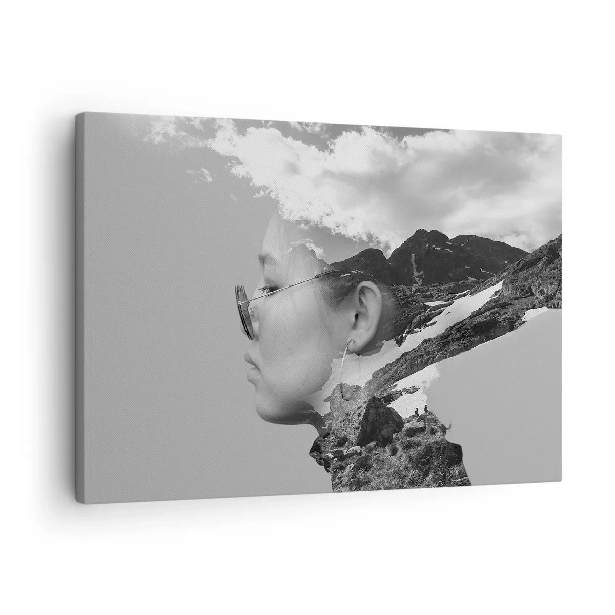 Schilderen op canvas - Een zwart-witcompositie met het silhouet van een vrouw en een berglandschap. - 70x50cm - Top en bewolkt portret - Moderne wanddecoratie voor woonkamer en slaapkamer ARTTOR