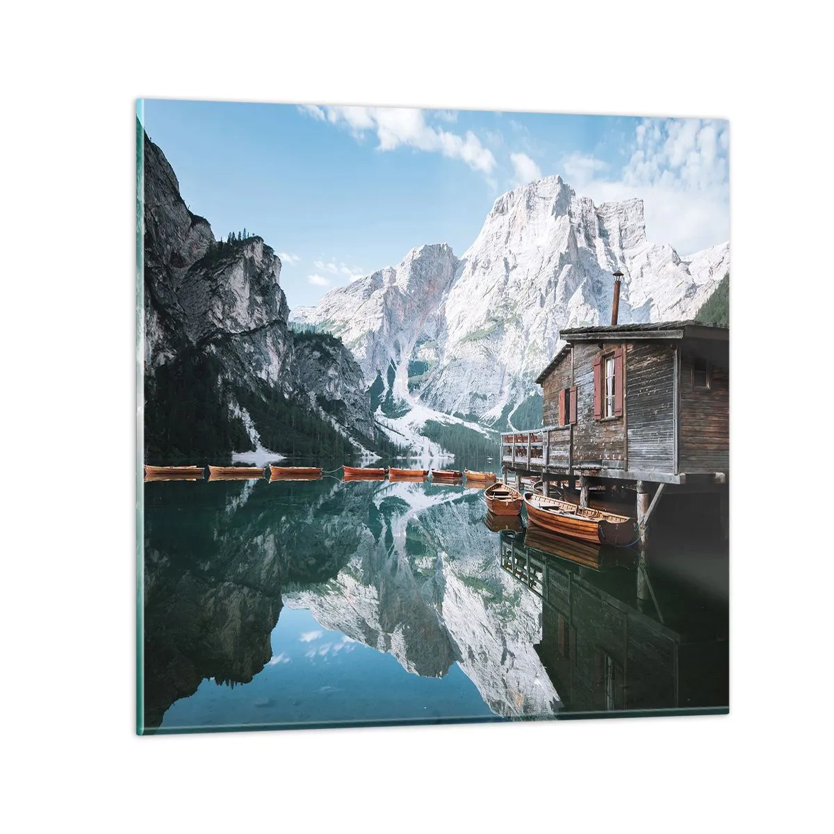 Schilderen op glas - Een kristalheldere bergochtend - 70x70 cm