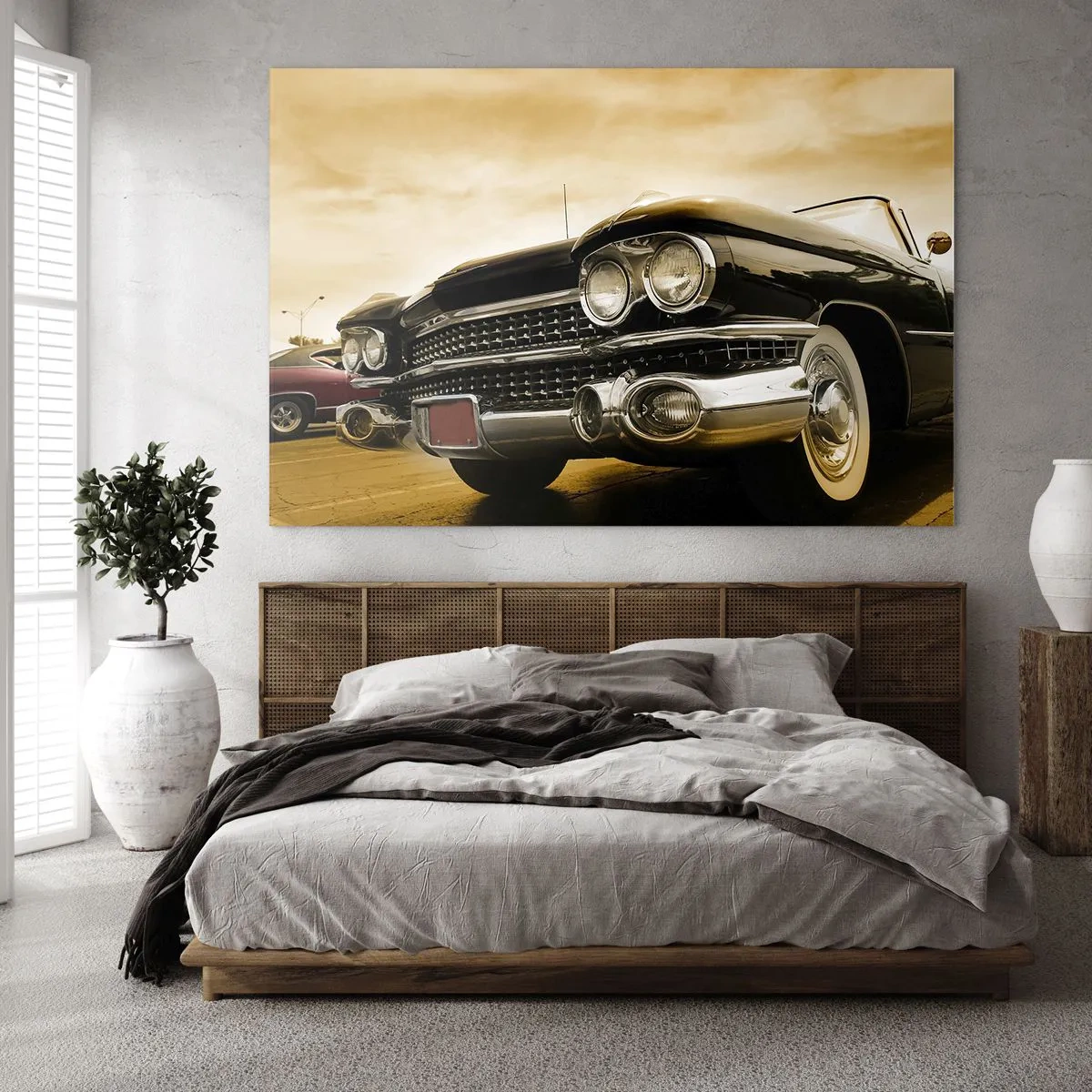 Schilderen op glas - De voorkant van een klassieke auto in een elegante retrostijl - 70x50cm - Klassiekers gaan nooit voorbij - Moderne wanddecoratie voor woonkamer en slaapkamer ARTTOR