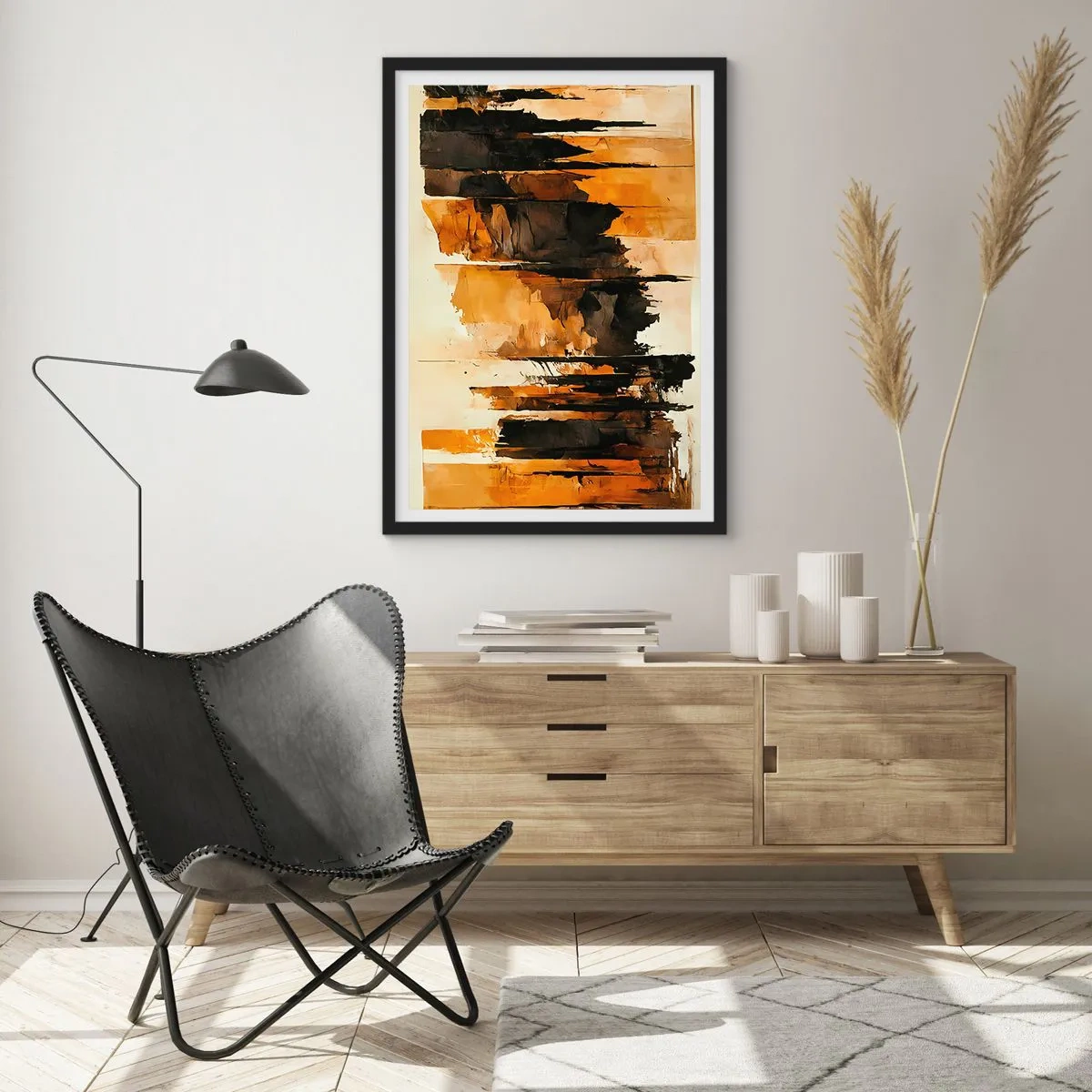 Poster in een zwarte lijst - Een abstracte compositie in warme bruintinten en zwart. - 50x70cm - Harmonie van zwart en goud - Moderne wanddecoratie voor woonkamer en slaapkamer ARTTOR