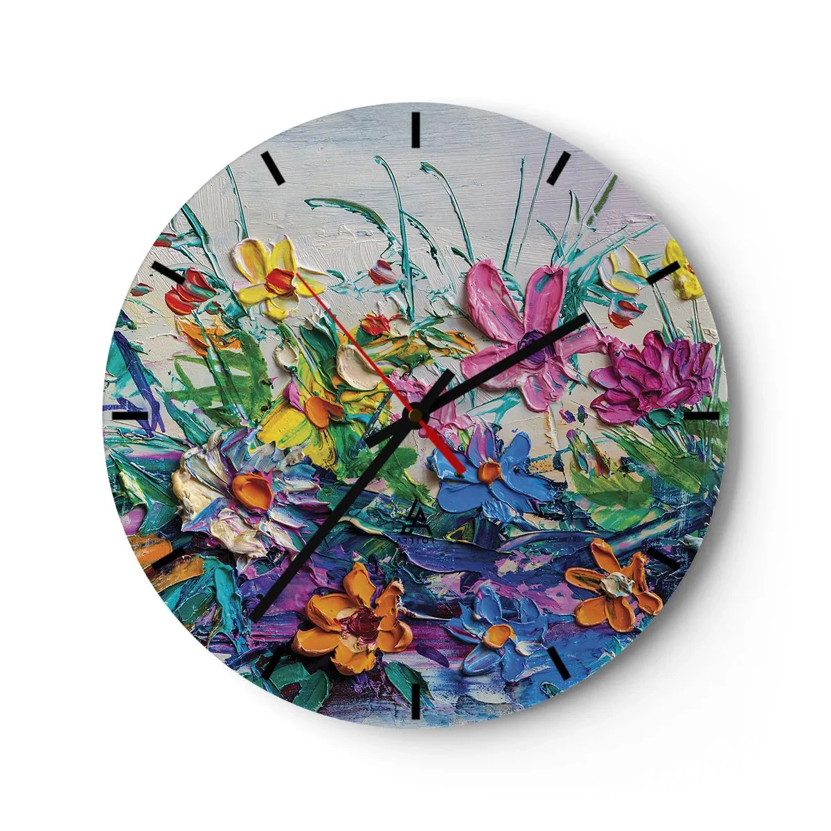 Wandklok - Klok - Een kleurrijk bloemenlandschap in impastotechniek - 30x30cm - Helemaal geen stilleven - Moderne wanddecoratie voor woonkamer, keuken en slaapkamer ARTTOR