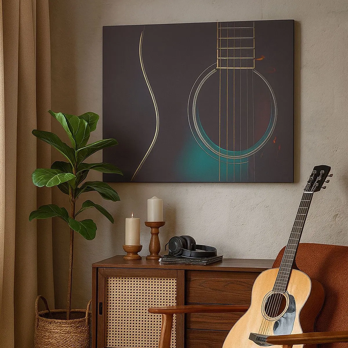 Schilderen op canvas - Akoestische gitaar in donker, elegant licht - 70x50cm - Nog even voordat het klinkt - Moderne wanddecoratie voor woonkamer en slaapkamer ARTTOR