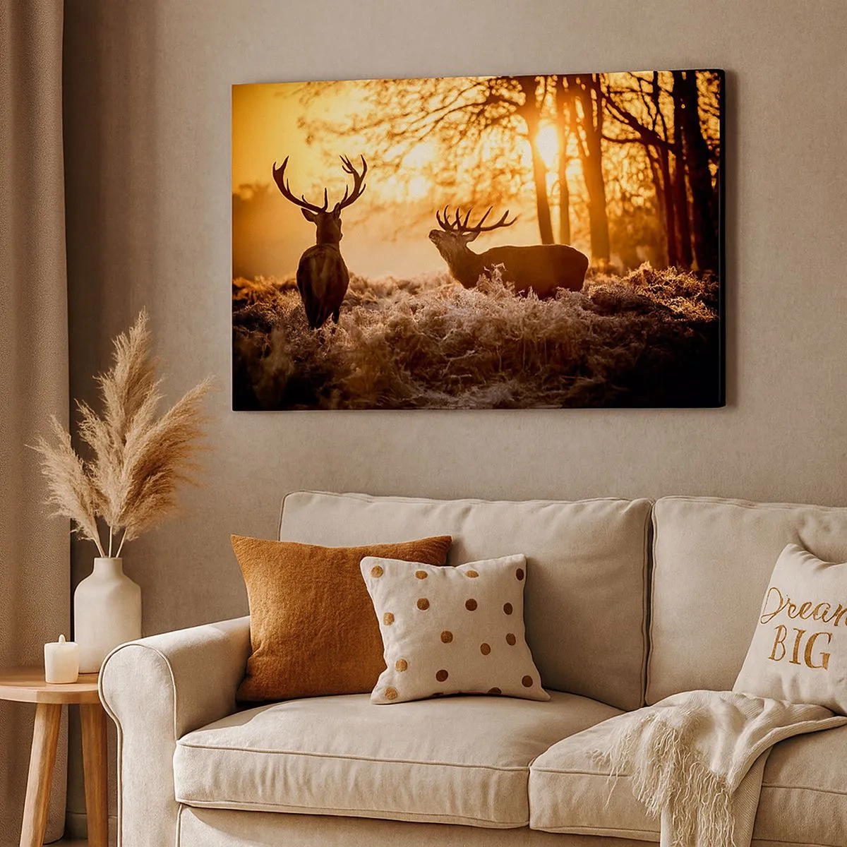 Schilderen op canvas - Twee herten bij zonsondergang in een winterlandschap - 70x50cm - De droom van een jager - Moderne wanddecoratie voor woonkamer en slaapkamer ARTTOR