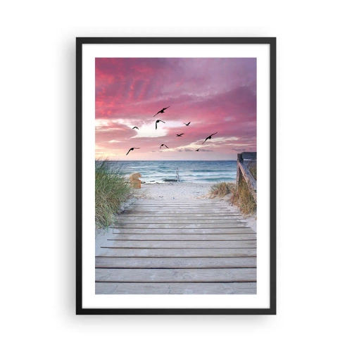 Poster in een zwarte lijst - Houten pad op het strand met uitzicht op de zee bij zonsondergang - 50x70cm - Baltische indruk - Moderne wanddecoratie voor woonkamer en slaapkamer ARTTOR