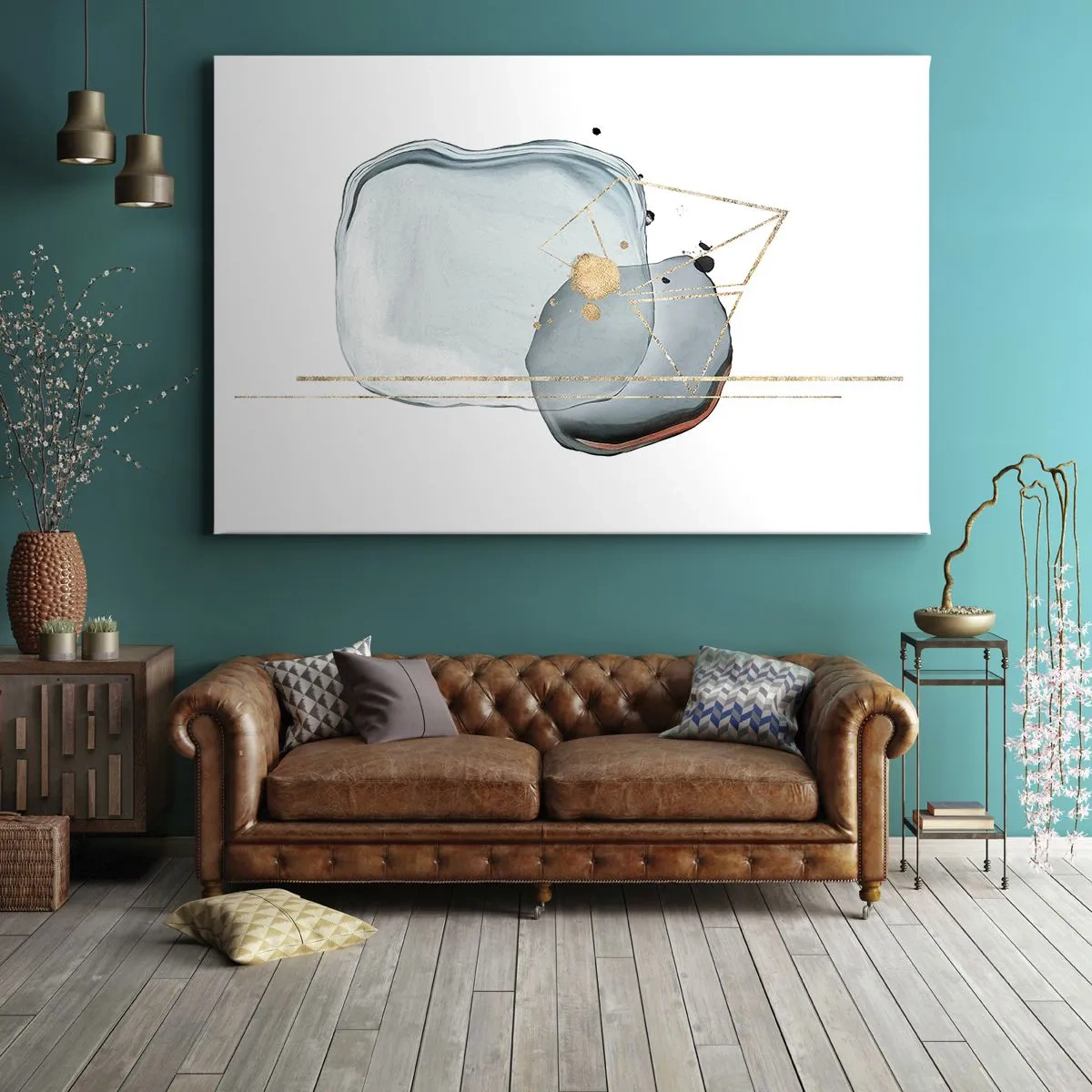 Schilderen op canvas - Abstracte vormen in tinten blauw en goud op een witte achtergrond - 70x50cm - Een studie van druppels - Moderne wanddecoratie voor woonkamer en slaapkamer ARTTOR
