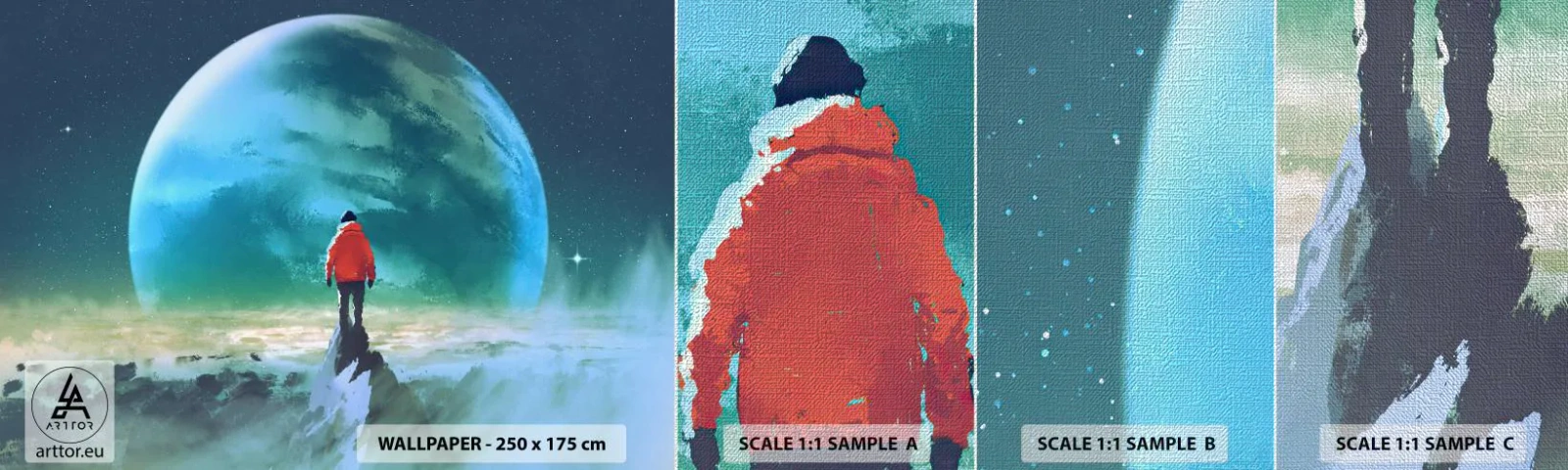 Fotobehang Monster Premium Canvas - Ontdekkingsreiziger van het nieuwe land - Abstractie, Fantasie, Planeet aarde - 100x30 cm