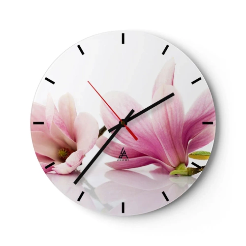 Wandklok - Klok - Roze magnolia's op een witte achtergrond in een subtiele compositie - 30x30cm - Delicaat als een lentebriesje - Moderne wanddecoratie voor woonkamer, keuken en slaapkamer ARTTOR