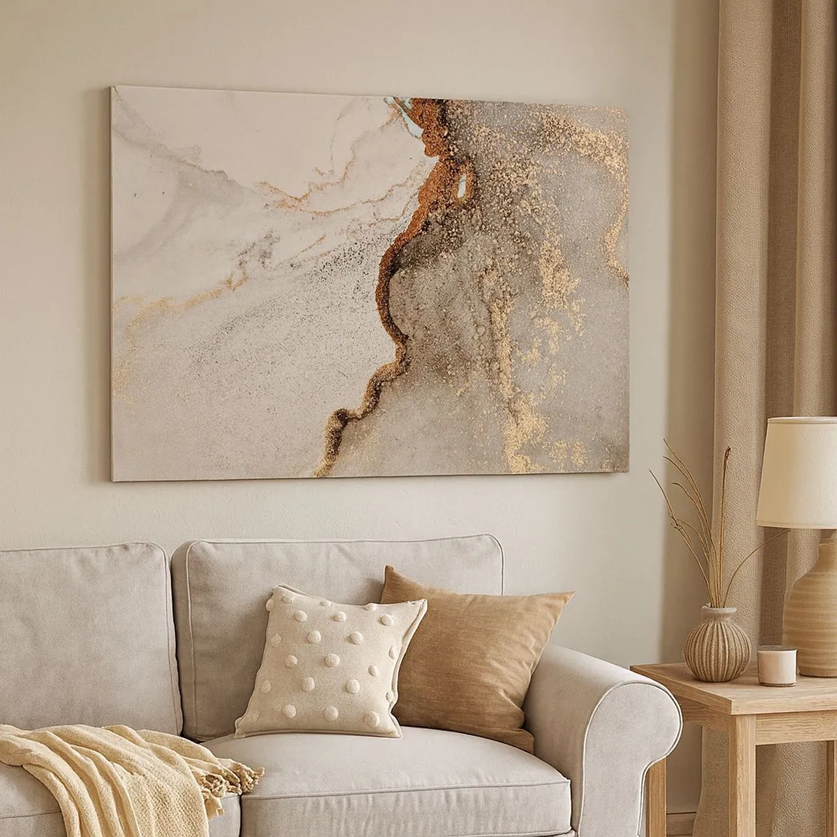 Schilderen op canvas - Abstract motief met tinten goud en grijs - 70x50cm - Op de grens van kleuren - Moderne wanddecoratie voor woonkamer en slaapkamer ARTTOR