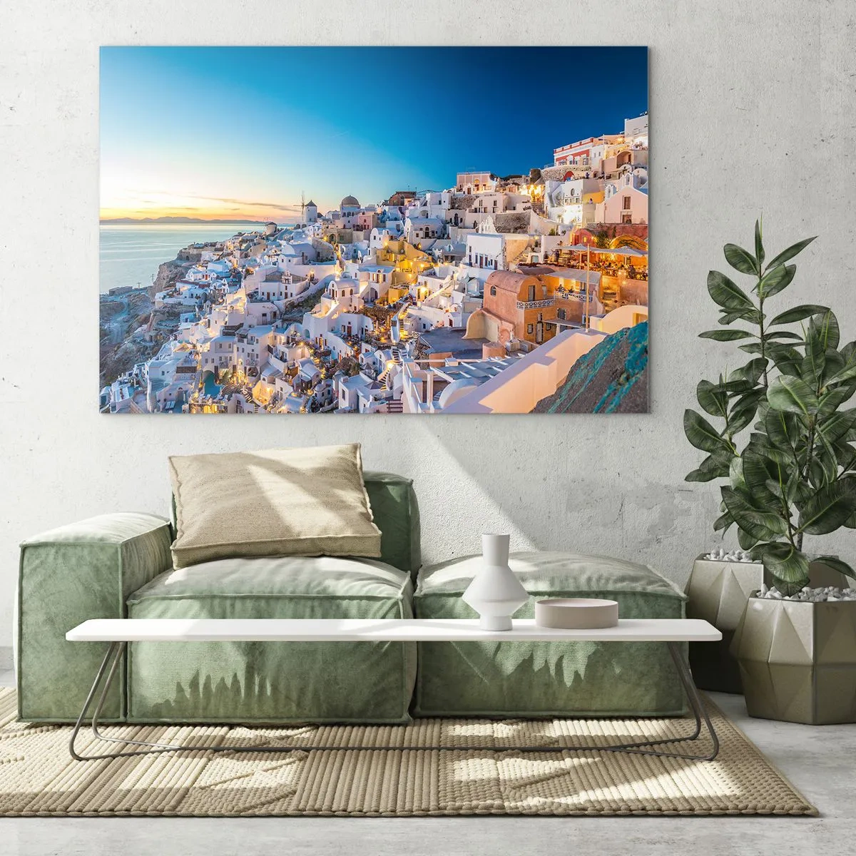 Schilderen op glas - Panorama van Santorini bij zonsondergang - 70x50cm - De essentie van Grieksheid - Moderne wanddecoratie voor woonkamer en slaapkamer ARTTOR