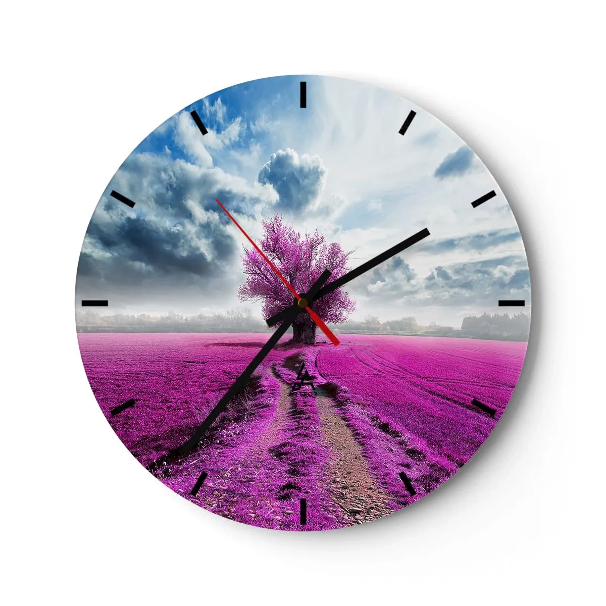 Wandklok - Klok - Een paars veld met een eenzame boom tegen de achtergrond van wolken - 30x30cm - Heide - heilige plek - Moderne wanddecoratie voor woonkamer, keuken en slaapkamer ARTTOR