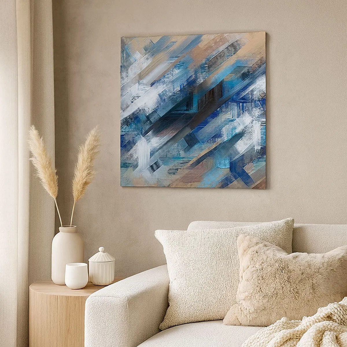 Schilderen op canvas - Op een blauwe diagonaal - 30x30 cm