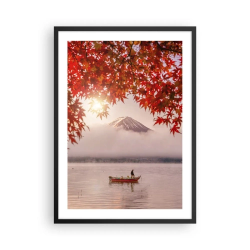 Poster in een zwarte lijst - De berg Fuji met een boot op een meer en herfstbladeren - 50x70cm - In het Japanse klimaat - Moderne wanddecoratie voor woonkamer en slaapkamer ARTTOR