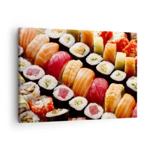 Schilderen op canvas - Kleurrijke sushi in rijen gerangschikt met verschillende toppings - 70x50cm - Kleuren en smaken van Azië - Moderne wanddecoratie voor woonkamer en slaapkamer ARTTOR
